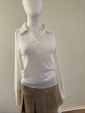 Women's White Long-Sleeve Polo Knit Top